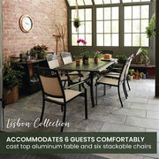 Hanover - Lisbon 7pc Dining: 6 Sling Stationary Chairs and 39"x68" Cast Table - Tan/Brown-United Backyard