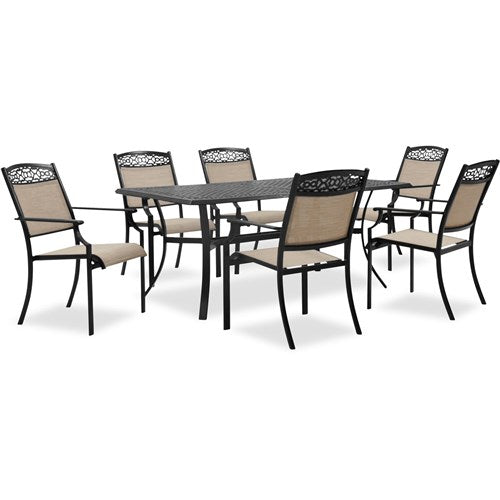 Hanover - Lisbon 7pc Dining: 6 Sling Stationary Chairs and 39"x68" Cast Table - Tan/Brown-United Backyard