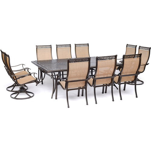 Hanover - Manor 11pc: 6 Sling Dining Chairs, 4 Sling Swvl Rockers, 60x84" Cast Table - Tan Sling/Cast-United Backyard