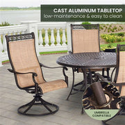Hanover - Manor 5pc: 4 Sling Swivel Rockers, 48" Round Cast Table - Tan Sling/Cast-United Backyard