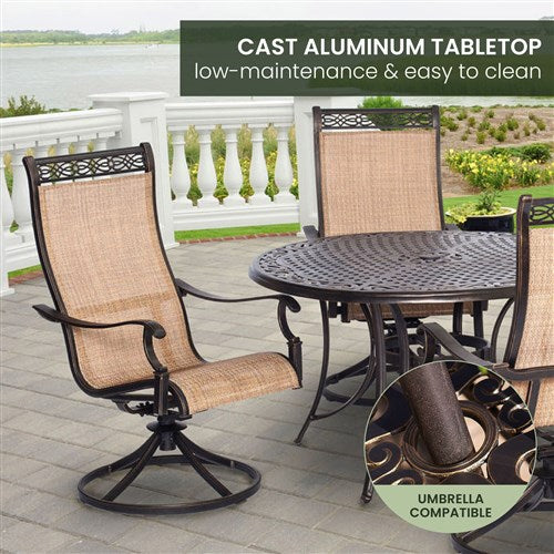 Hanover - Manor 5pc: 4 Sling Swivel Rockers, 48" Round Cast Table - Tan Sling/Cast-United Backyard