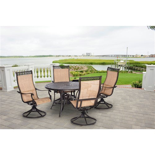 Hanover - Manor 5pc: 4 Sling Swivel Rockers, 48" Round Cast Table - Tan Sling/Cast-United Backyard