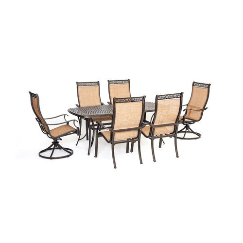Hanover - Manor 7pc: 4 Sling Dining Chairs, 2 Sling Swivel Rockers, 38x72 Cast Table - Tan Sling/Cast-United Backyard