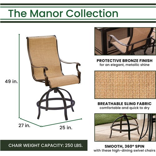 Hanover - Manor 7pc: 6 Sling Counter Height Swivel Chairs, 56" Rnd Cast Table-United Backyard