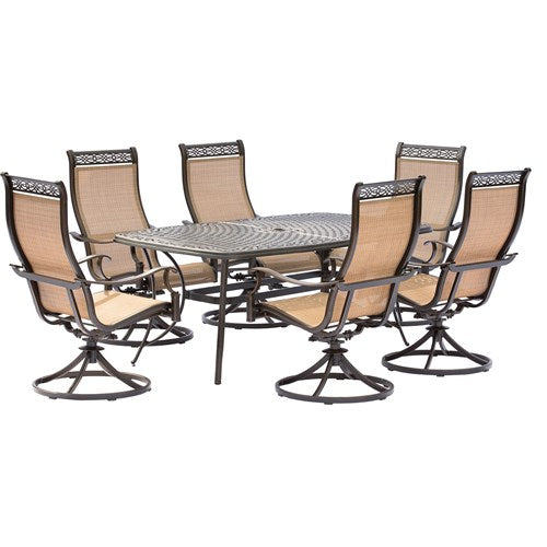Hanover - Manor 7pc: 6 Sling Swivel Rockers, 38x72" Cast Table - Tan Sling/Cast-United Backyard