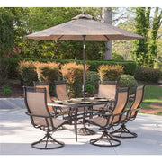 Hanover - Manor 7pc: 6 Sling Swivel Rockers, 38x72" Cast Table, Umbrella, Base - Tan Sling/Cast-United Backyard