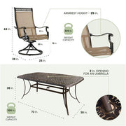 Hanover - Manor 7pc: 6 Sling Swivel Rockers, 38x72" Cast Table, Umbrella, Base - Tan Sling/Cast-United Backyard