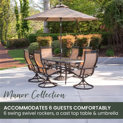 Hanover - Manor 7pc: 6 Sling Swivel Rockers, 38x72" Cast Table, Umbrella, Base - Tan Sling/Cast-United Backyard