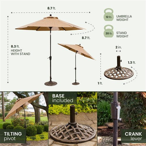 Hanover - Manor 7pc: 6 Sling Swivel Rockers, 38x72" Cast Table, Umbrella, Base - Tan Sling/Cast-United Backyard