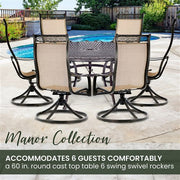 Hanover - Manor 7pc: 6 Sling Swivel Rockers, 60" Round Cast Table - Tan Sling/Cast-United Backyard
