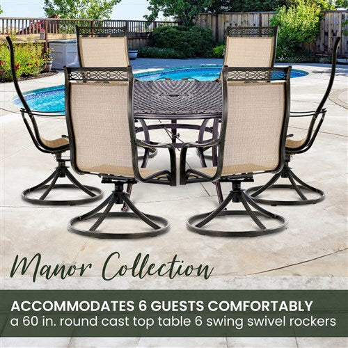 Hanover - Manor 7pc: 6 Sling Swivel Rockers, 60" Round Cast Table - Tan Sling/Cast-United Backyard