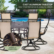 Hanover - Manor 7pc: 6 Sling Swivel Rockers, 60" Round Cast Table - Tan Sling/Cast-United Backyard