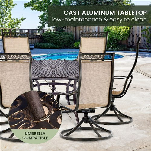 Hanover - Manor 7pc: 6 Sling Swivel Rockers, 60" Round Cast Table - Tan Sling/Cast-United Backyard