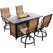 Hanover - Monaco 5PC High Dining Fire Pit: 4 Swivel Bar Chairs, 1 Fire Pit Bar Table - Tan/Bronze-United Backyard