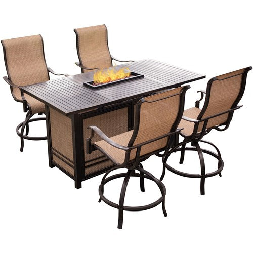 Hanover - Monaco 5PC High Dining Fire Pit: 4 Swivel Bar Chairs, 1 Fire Pit Bar Table - Tan/Bronze-United Backyard