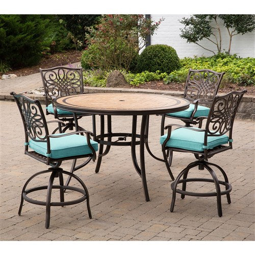 Hanover - Monaco 5pc: 4 Cush Sling Swivel Center Height Chairs, 56" Round Tile Table-United Backyard