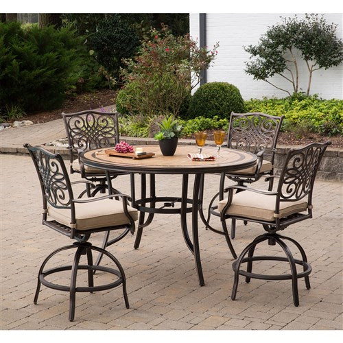 Hanover - Monaco 5pc: 4 Cush Sling Swivel Center Height Chairs, 56" Round Tile Table-United Backyard