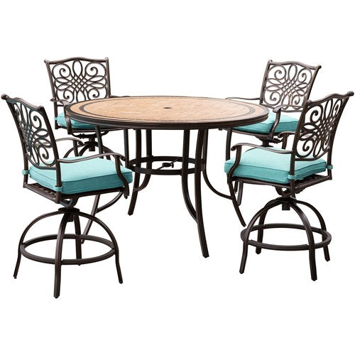 Hanover - Monaco 5pc: 4 Cush Sling Swivel Center Height Chairs, 56" Round Tile Table-United Backyard