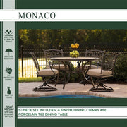 Hanover - Monaco 5pc: 4 Cush Sling Swivel Rockers, 51" Round Tile Top Table - Tan Sling/Tile-United Backyard