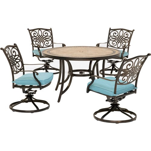 Hanover - Monaco 5pc: 4 Cush Sling Swivel Rockers, 51" Round Tile Top Table - Tan Sling/Tile-United Backyard
