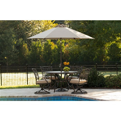 Hanover - Monaco 5pc: 4 Cush Swivel Rockers, 51" Round Tile Top Table, Umbrella - Tan/Tile-United Backyard