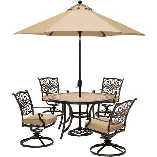 Hanover - Monaco 5pc: 4 Cush Swivel Rockers, 51" Round Tile Top Table, Umbrella - Tan/Tile-United Backyard