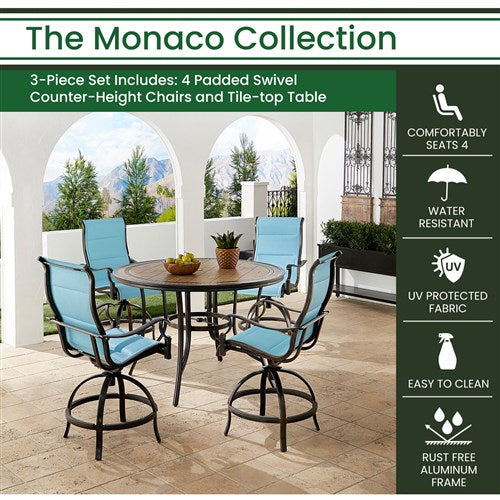 Hanover - Monaco 5pc: 4 Padded Swivel Counter Height Chairs, 56" Round Tile Table - Blue/Bronze-United Backyard