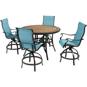Hanover - Monaco 5pc: 4 Padded Swivel Counter Height Chairs, 56" Round Tile Table - Blue/Bronze-United Backyard