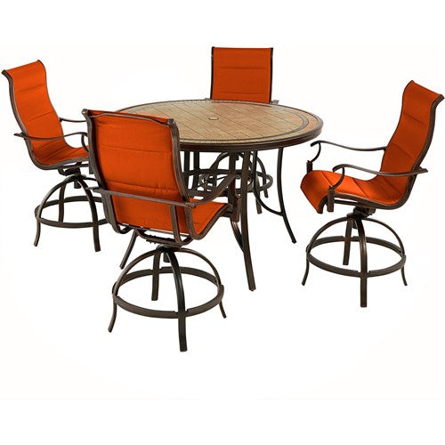 Hanover - Monaco 5pc: 4 Padded Swivel Counter Height Chairs, 56" Round Tile Table - Red/Bronze-United Backyard