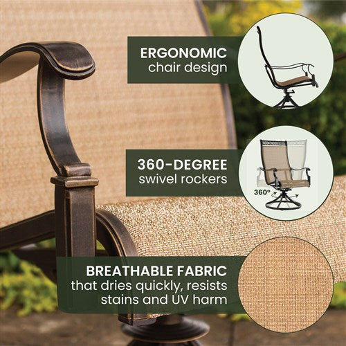 Hanover - Monaco 5pc: 4 Sling Swivel Rockers, 48" Round Glass Top Table - Tan Sling/Glass-United Backyard