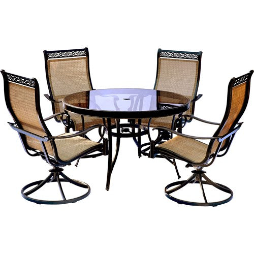 Hanover - Monaco 5pc: 4 Sling Swivel Rockers, 48" Round Glass Top Table - Tan Sling/Glass-United Backyard