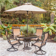 Hanover - Monaco 5pc: 4 Sling Swivel Rockers, 48" Round Glass Top Table, Umbrella, Base - Tan Sling/Glass-United Backyard