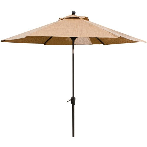 Hanover - Monaco 5pc: 4 Sling Swivel Rockers, 51" Round Tile Top Table, Umbrella - Tan Sling/Tile-United Backyard