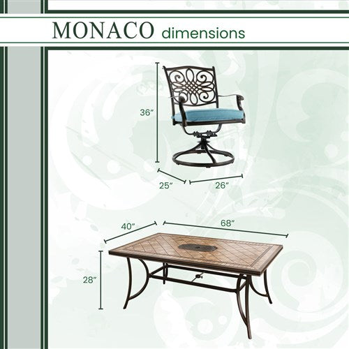 Hanover - Monaco 7pc: 4 Cush Dining Chairs, 2 Cush Swivel Chairs, 40x68" Tile Top Table - Blue/Tile-United Backyard