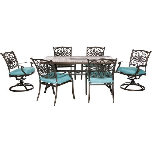 Hanover - Monaco 7pc: 4 Cush Dining Chairs, 2 Cush Swivel Chairs, 40x68" Tile Top Table - Blue/Tile-United Backyard