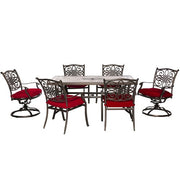 Hanover - Monaco 7pc: 4 Cush Dining Chairs, 2 Cush Swivel Chairs, 40x68" Tile Top Table - Red/Tile-United Backyard