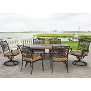 Hanover - Monaco 7pc: 4 Cush Dining Chairs, 2 Cush Swivel Chairs, 40x68" Tile Top Table - Tan/Tile-United Backyard
