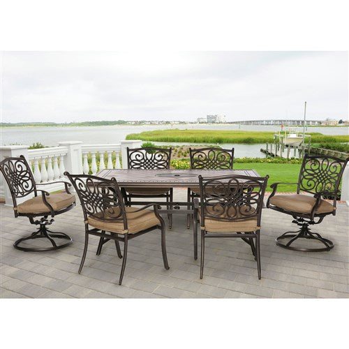 Hanover - Monaco 7pc: 4 Cush Dining Chairs, 2 Cush Swivel Chairs, 40x68" Tile Top Table - Tan/Tile-United Backyard