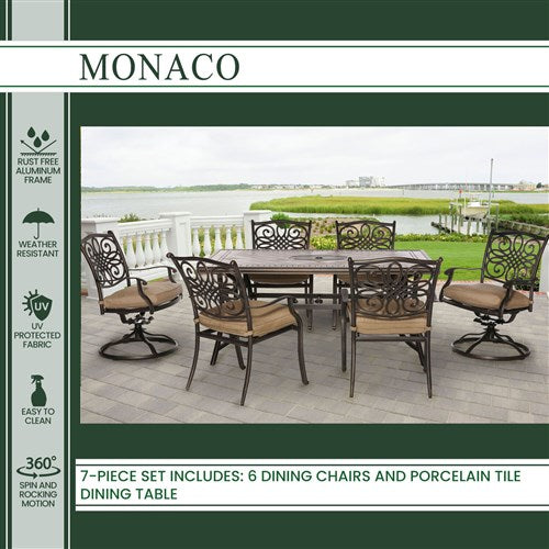 Hanover - Monaco 7pc: 4 Cush Dining Chairs, 2 Cush Swivel Chairs, 40x68" Tile Top Table - Tan/Tile-United Backyard