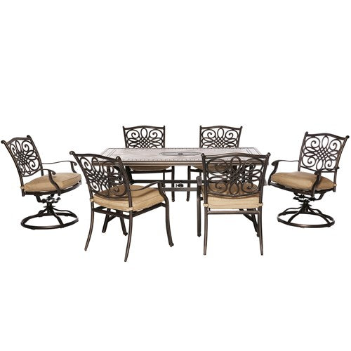 Hanover - Monaco 7pc: 4 Cush Dining Chairs, 2 Cush Swivel Chairs, 40x68" Tile Top Table - Tan/Tile-United Backyard