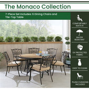 Hanover - Monaco 7pc: 6 Cush Stationary Chairs, 60" Round Tile Table - Tan/Bronze-United Backyard