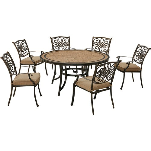 Hanover - Monaco 7pc: 6 Cush Stationary Chairs, 60" Round Tile Table - Tan/Bronze-United Backyard