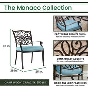 Hanover - Monaco 7pc: 6 Cush Stationary Chairs, 60" Round Tile Table, Umbrella, Base - Blue/Bronze-United Backyard