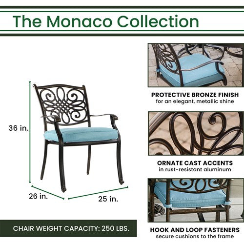 Hanover - Monaco 7pc: 6 Cush Stationary Chairs, 60" Round Tile Table, Umbrella, Base - Blue/Bronze-United Backyard