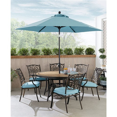 Hanover - Monaco 7pc: 6 Cush Stationary Chairs, 60" Round Tile Table, Umbrella, Base - Blue/Bronze-United Backyard