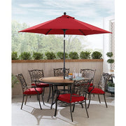 Hanover - Monaco 7pc: 6 Cush Stationary Chairs, 60" Round Tile Table, Umbrella, Base - Red/Bronze-United Backyard