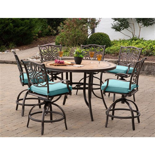 Hanover - Monaco 7pc: 6 Cush Swivel Counter Height Chairs, 56" Rnd Tile Table-United Backyard