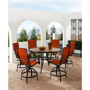 Hanover - Monaco 7pc: 6 Padded Swivel Counter Height Chairs, 56" Round Tile Table - Red/Bronze-United Backyard