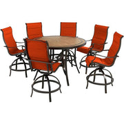 Hanover - Monaco 7pc: 6 Padded Swivel Counter Height Chairs, 56" Round Tile Table - Red/Bronze-United Backyard