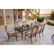 Hanover - Monaco 7pc: 6 Sling Dining Chairs, 42x84" Glass Top Table - Tan Sling/Glass-United Backyard